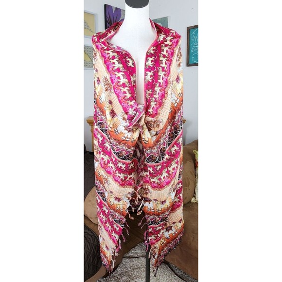 Women's Rectangular Ethnic Elephant Scarf Shawl with Fringe 62X43" - Picture 3 of 5